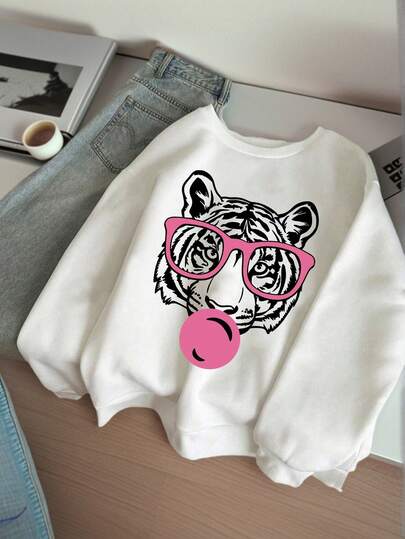 女士秋季虎纹印花圆领卫衣，休闲宽松百搭假日风上衣，适合日常穿着，秋冬时尚单品