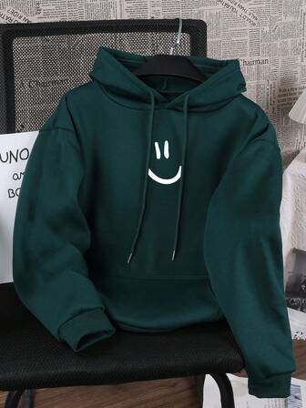 男士印花口袋抽绳保暖连帽衫，秋冬季长袖上衣