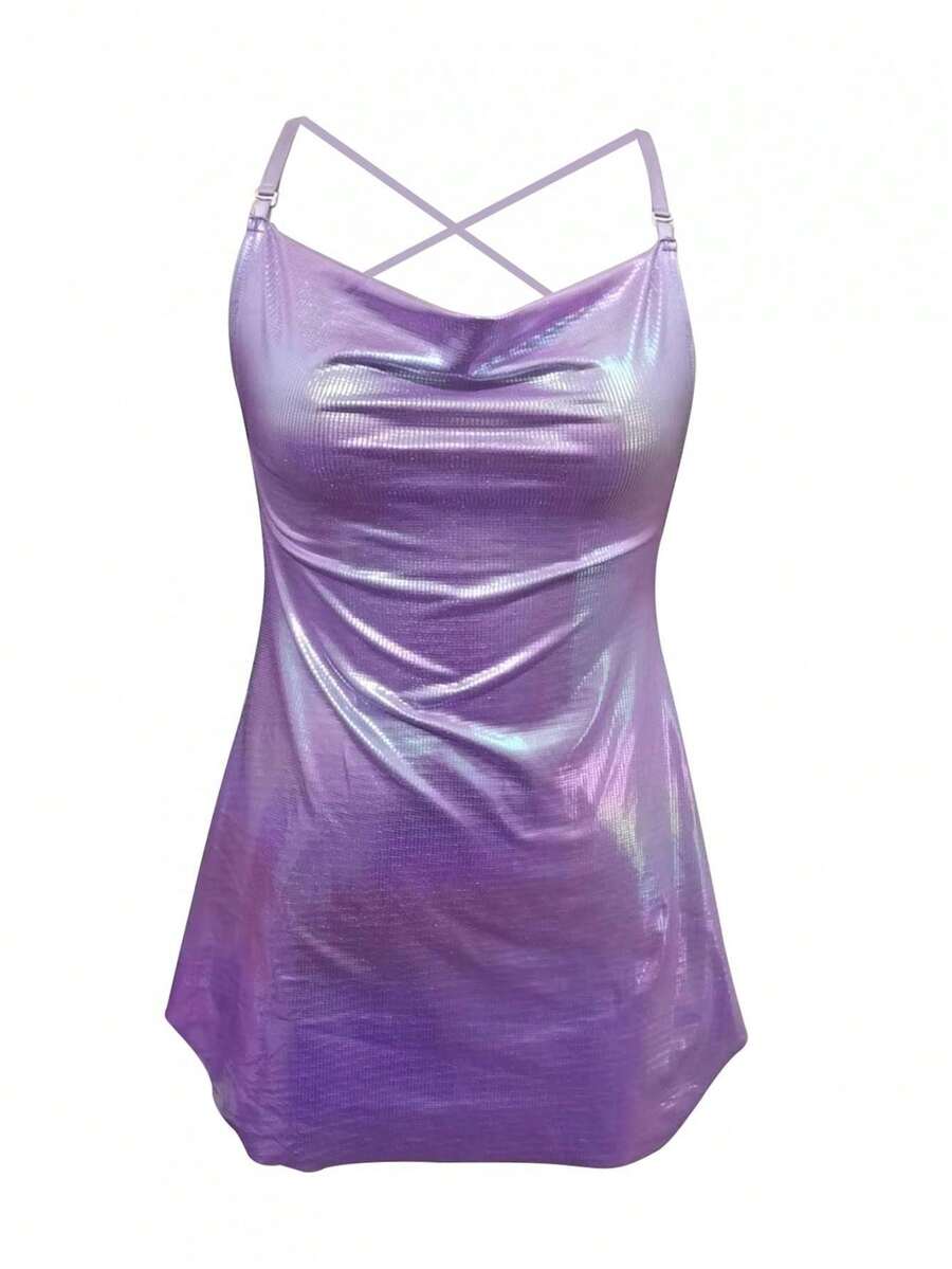 Women Shiny Spaghetti Strap Dress Solid Color Sleeveless Backless Party Dress For Cocktail Nightclub Beach - Màu tím - Xem 1