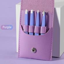 4pcs Professional Tweezer Set, Purple Leather Case - Slanted & Pointed Precision Tweezers For Eyebrows, Facial Hair, Ingrown Hair Removal - Stainless Steel Beauty Tools With Portable Storage Box, Suitable For Travel, Home, Salon Use - Mauve Purple - View 3