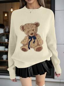 Áo len nữ dáng dài cổ tròn họa tiết gấu hoạt hình màu mơ, thích hợp mặc đi chơi và dạo phố, phong cách Y2K, áo nữ thanh lịch, trang phục đêm giao thừa, sinh nhật, mùa xuân, lễ hội, ngày lễ, áo dự tiệc, trang phục đi du lịch, kỳ nghỉ. - Màu be - Xem 6