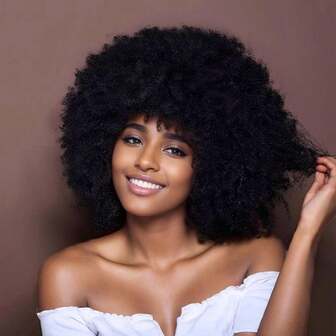 GLAMNOW 70年代复古非洲假发，女士自然黑色卷发，大而蓬松柔软的卷发，丰盈饱满，适合日常佩戴、复古迪斯科派对、角色扮演、服装活动、万圣节和舞台表演。