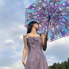 Colorful Stained Glass-Inspired Transparent Umbrella – Vintage Retro Window Flower & Romantic Poetry Design, Automatic & Manual Open/Close, Foldable & Compact For Travel, Waterproof & Windproof, 8-Rib Durability (Fiberglass/Aluminum Alloy Frame), Nylon Fabric, Lightweight, Plastic/Rubber Handle, Iron Rod, Minimalist Fashion, Ideal For Rainy Days, Everyday Use, Outdoor, Women & Girls, Single Pack, Unique Open/Close Mechanism, Durable & Portable - Bộ trang trí cửa sổ - Xem 8