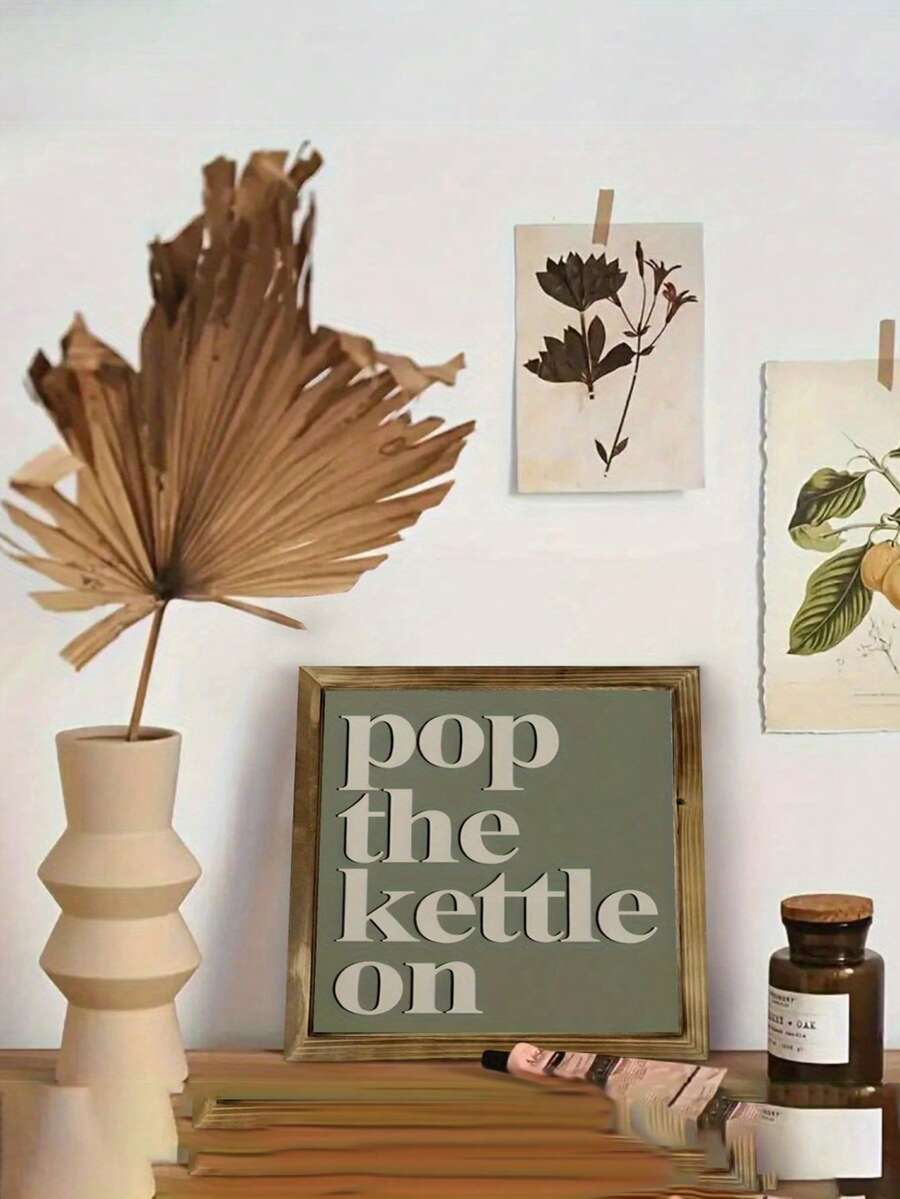 1 pieza "Pon la tetera" Cartel de pared de madera vintage - 8.0x8.0 pulgadas (20.32x20.32cm), decoración de bar de café con textura de madera falsa, regalo para amantes del té, decoración del hogar, comedor y cocina, decoración rústica de bar, decoración retro hecha a mano, decoración del hogar, colgante de pared - Multicolor - Ver 1