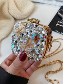New Fashionable Niche Design Mini Bow Versatile Lipstick Earphone Coin Purse Women Chain Shoulder Crossbody Bag (Handmade, Random Color, Quantity And Position Of Rhinestones) - Gold - View 5