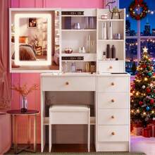 Large LED Dressing Table MakeUp Desk LED Sliding Mirror Drawers Stool Vanity Set - White - View 7