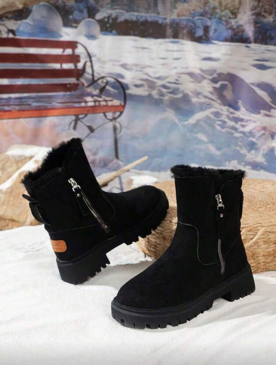 FZY 2026 Winter New Style Plush Thickened Women's Hiking Boots. Thick, Non-Slip Sole, Side Zipper Athletic Ankle Boots. Stylish And Practical Casual Boots. Soft Sole, Fashionable, Comfortable, And Versatile Women's Winter Boots. A Must-Have For Everyday Casual Wear And Valentine's Day Outfits,Charming Valentine's Day Gifts - 黑色 - 查看 1