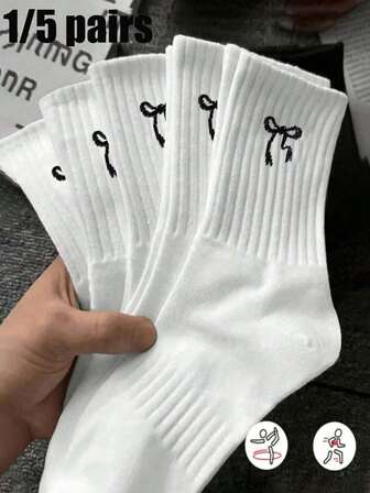 1/5 Pairs Solid Color Bow Decor Women Mid-Calf Socks, Fashion Minimalist Casual Comfortable Everyday Versatile Socks, Suitable For All Seasons