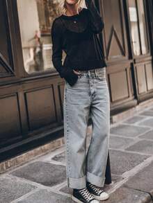 Áo thun lưới xuyên thấu cổ tròn tay dài phối màu tương phản VIBEWAVE, bộ sưu tập Xuân/Hè. - màu đen - Xem 4