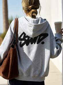 Nueva sudadera con capucha casual para mujer, estampado gráfico estadounidense con estilo, uso versátil diario, forro térmico, adecuado para otoño/invierno