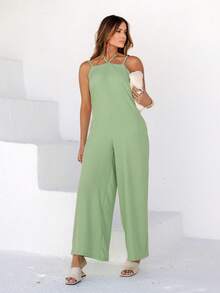 Women's Long Jumpsuit With Elegant Tie Detail - 開心果綠 - 查看 3