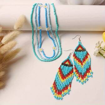 波西米亚风手工玻璃珠项链、耳环和手链首饰套装（女士款）