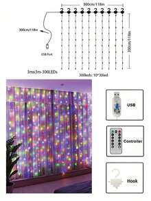 多色/暖白色 LED 銅線串燈，3*3 米，USB 遙控，附掛鉤，適用於房間裝飾、氛圍照明、情人節氣氛裝飾，適用於居家、派對、節日、婚禮、生日、鄉村風、慶典、季節、新年、春節等場合 - 9.8FT窗簾燈 - 查看 13