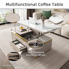 Guyii Modern Lift Top Coffee Table With 4 Storage Stools, Extendable Coffee Table With Wheels, 3-In-1 Multifunctional Center Table, Space Saving Folding Dining Table For Living Room, Easy Assembly - Grey - View 9