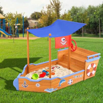  Keezi Kids Sandpit Wooden Boat Sand Pit With Canopy Bench Seat Beach Toys 165cm