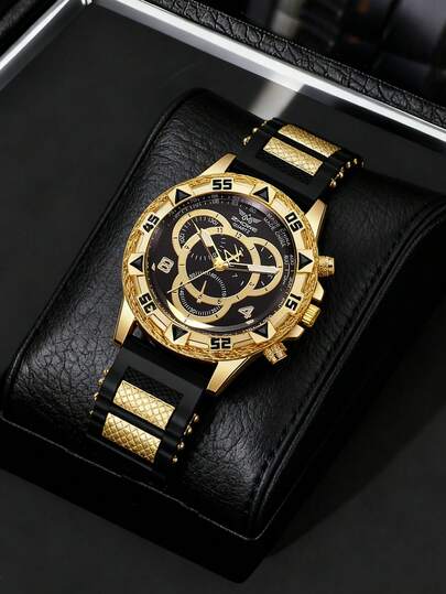 1 st svart gummiarmband för män, moderiktigt, casual, sportigt, blandad design, rund urtavla, lämplig för vardagsbruk, perfekt present till dig själv eller vänner. Ingen förpackning ingår.