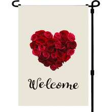 1Pc 12x18in/30.48x45.72cm Vertical Double Sided Valentine's Garden Flag - Cream Base & Vibrant Red Rose Heart + "Welcome" Text Design, Heavy-Duty UV-Resistant Fade-Resistant All-Weather Flag, No Flag Pole Included, Ideal For Valentine's Day/Wedding/Anniversary/Christmas (Xmas) Festive Decor, Perfect Yard/Garden/Farmhouse Outdoor Home Accent