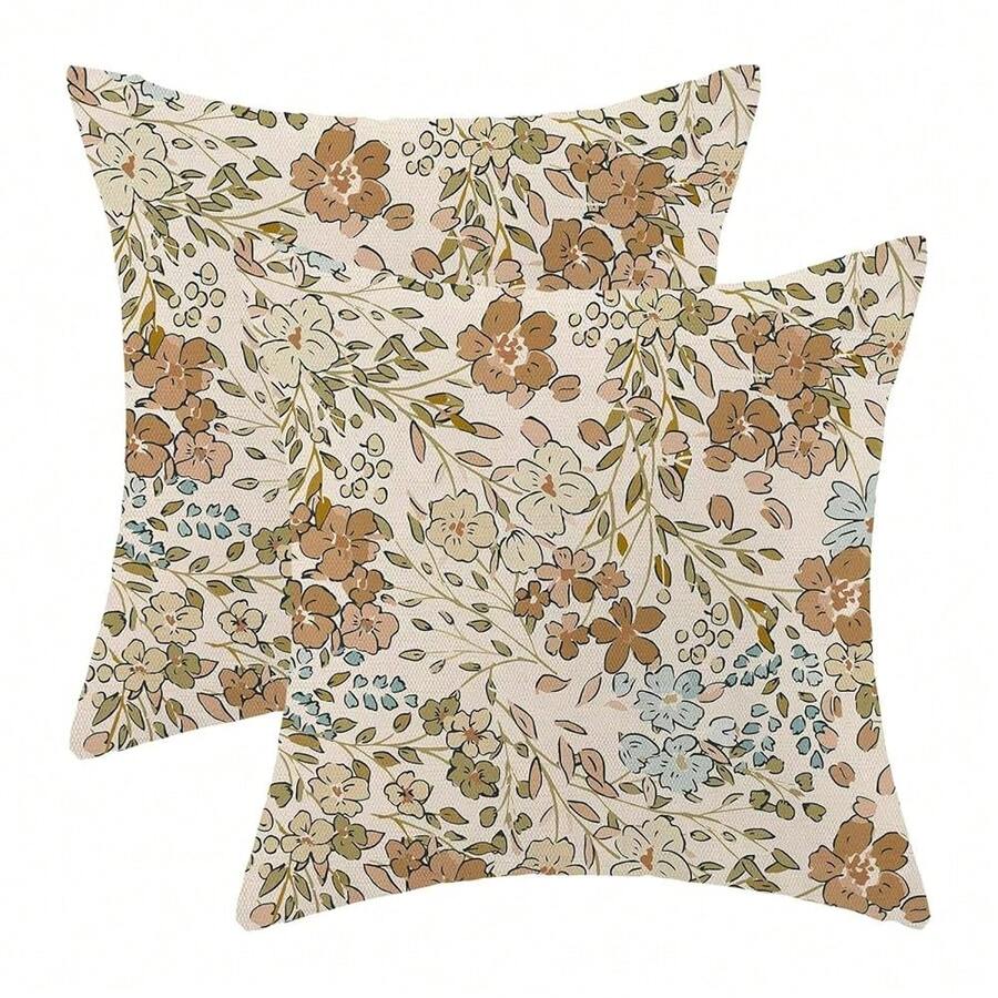 Spring Brown Floral Pillow Covers 18x18 Inch Set Of 2, Cute Flower Pattern Outdoor Decorative Wildflowers Throw Pillows Brown Green Flower Couch Cushion Case For Chair Sofa Bedroom Living Room,18inchx18inch(Packof2),A4 - A4 - 查看 1