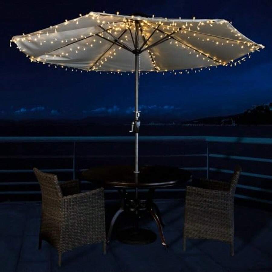 Luces de sombrilla de patio luces solares impermeables con 360 luces LED de color blanco calido guirnalda de luces perfectas para decoracion de jardin al aire ultima intervension hogar jardin - Blanco - Ver 1