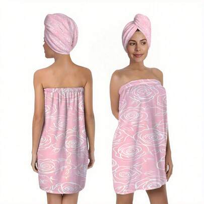 2pcs Romantic Rose Line Printed Soft Bath Towel Wrap Dress, Gentle Floral, Sweet Girl Style, Suitable For Valentine's Day, Couples, Weddings. The Dress-Shaped Bath Towel Features A 3D Pink Bow Accent, With A Soft And Quick-Drying Pink Microfiber Bath Towel And Adjustable Strap, Perfect For Spa, Dorm, Beach And Other Occasions. A Great Gift For Her.
