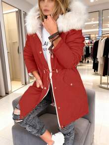 Chaqueta reversible de manga larga con cuello de piel para mujer, otoño/invierno - Rojo - Ver 3