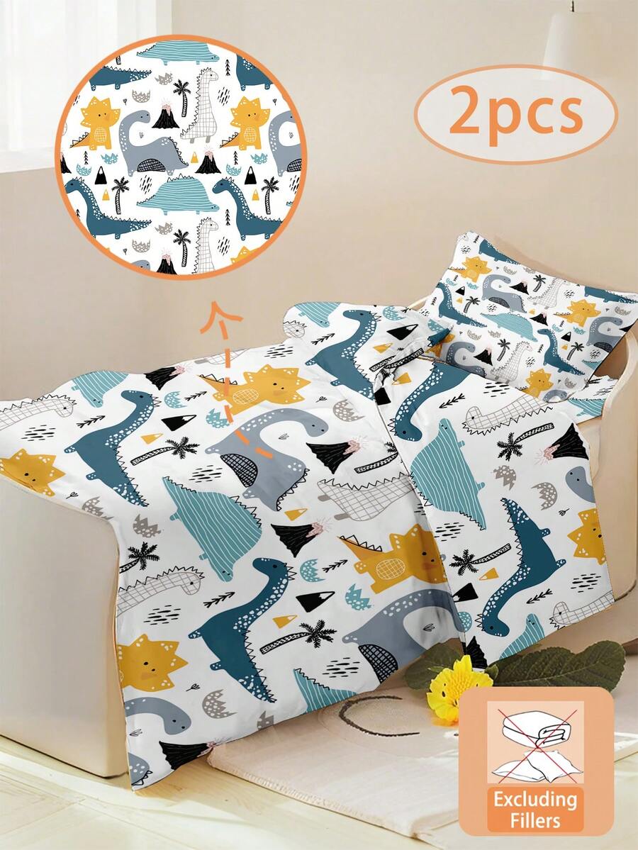 1/2pcs Set Perlengkapan Tidur Anak Motif Dinosaurus Fantasi, Selimut Lembut Motif Kartun Dinosaurus + Sarung Bantal, Motif Warna-warni, Cocok Untuk Anak Laki-laki dan Perempuan - MultiWarna - View 1