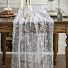 White Silver Gauze Table Runner 120 Inch 10FT, Glitter Metallic Foil Sheer Dining Holiday Wedding Anniversary Birthday Table Decor For Home Party,28inchx120inch,WhiteSilver - 銀 - 查看 3