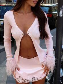 Women's Feather Cuff Ribbed Cardigan - V-Neck Chain-Detail Open Front Top - Y2K Elegant Party Top - Pink - View 1