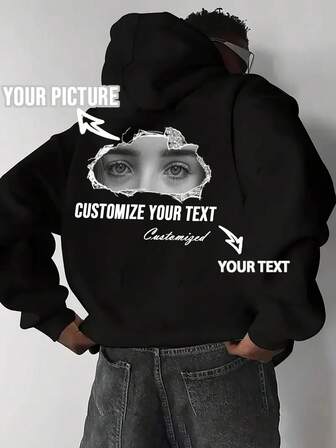 Sudadera básica clásica personalizable para hombres, compatible con impresión de imagen de alta definición personalizada en la espalda (como IP de anime, retrato de pareja, foto de mascota, patrón de arte) y dos posiciones de texto personalizables (se puede imprimir lema, nombre, etc. personalizado), lo que le permite combinar libremente elementos creativos para crear un diseño único de doble cara