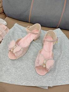 Teenage High Heel Sandals, Crystal & Rhinestone Embellished Princess Shoes With Butterfly Decor, Shiny & Dreamy Design