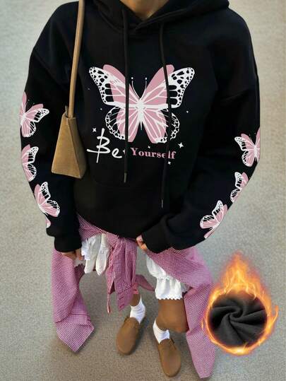 女士秋冬新款简约ins风梦幻甜美蝴蝶印花休闲日常百搭卫衣