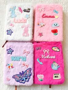 Customized Name Plush Notebook, Personalized Embroidered Patch Notebook, Suitable As Party Gift For Girls, Teenagers, Children's Notebook, Diary Gift, Gift For Daughter - Multicolor - View 8