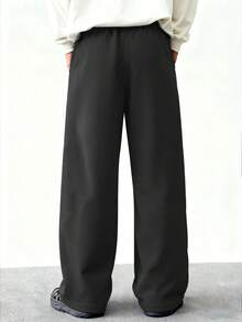 Men's Loose Wide Leg Pants, Solid Color Design With Drawstring Details, Long Casual Style Sweatpants, Polyester Fabric Suitable For Daily Wear, Jogging And Other Occasions, Versatile Item For Spring And Autumn Seasons - Black - View 3