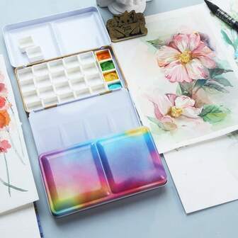 扁平金属盒，带磁性半格颜料盘，经典折叠铁盒，适用于水彩颜料子包装