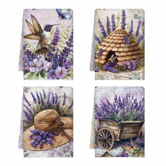 4条紫色薰衣草风格厨房毛巾，紫色薰衣草配色，紫色薰衣草和小鸟图案设计，适合擦拭餐具，也可作为厨房家居装饰和桌面装饰，是厨房必备用品，适用于厨房和餐厅，常用于日常清洁和节日装饰。
