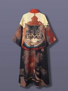 Maneki-Neko Anime Print Waist Tie Kimono Cover Up, 3/4 Sleeve Thin Jacket, Unisex, Beach Travel Casual Coverup, Haori Robe, Lightweight Cloak, Bathrobe - Yellow - View 5