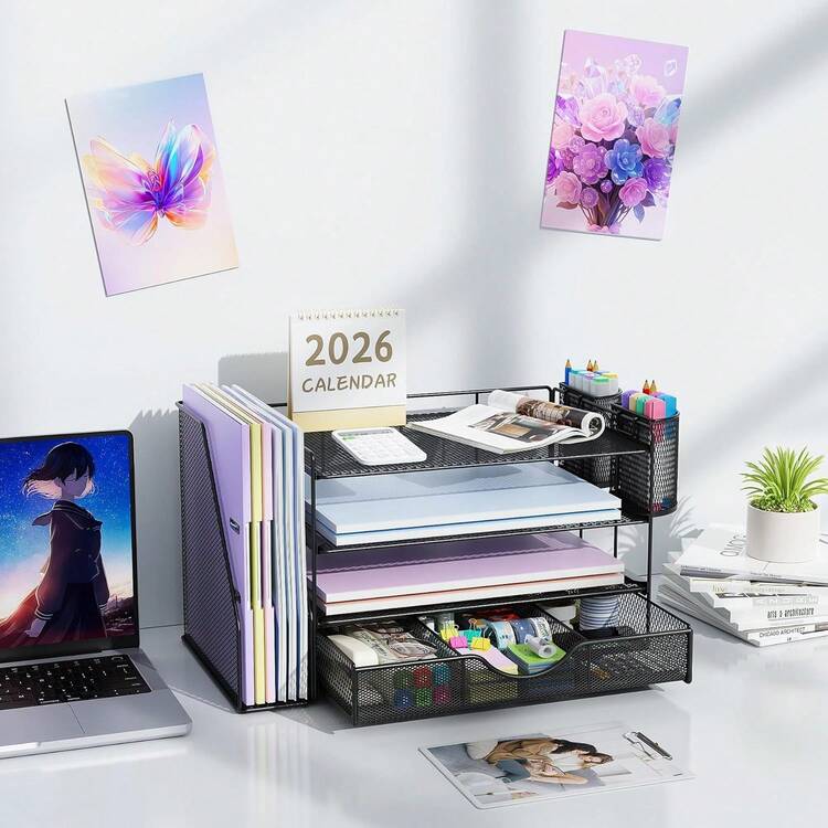 Organizador de Escritorio de 4 Niveles con Compartimentos Verticales, Cajones Deslizantes y Porta Lápices, Ideal para Organizar Documentos, Papeles y Suministros de Oficina en el Día a Día - Negro - Añade 2