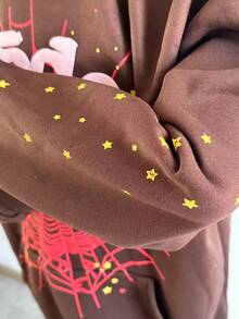 Y2k Hoodies, Men's Hip Hop Spider WebPattern, Graphic Alphabet Print HarajukuVintage Hoodie, Punk Rock Style, LongSleeve Street Wear Top For Both Men AndWomen Oversized Hoodies - 棕色上衣 - 查看 4
