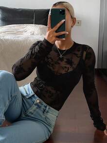 Livesso Women's Fitted Sheer Lace Crew Neck Pullover Top Going Out Tops Long Sleeve Women Tops,Fall Women Clothes - Black - View 2