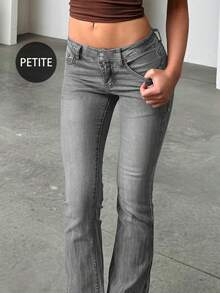 Retro Elegant High Waist Button Slim Fit Low Waist Sexy Casual Washed Solid Color Jeans Spring ,Petite Women - Light Grey - View 2