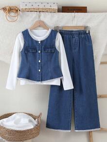 3pcs/Set Tween GirlsOutdoor Casual Outfit - White Long Sleeve Round Neck T-Shirt, Simple Button Denim Vest Jacket, And Wide Leg Long Jeans - Dark Wash - View 1