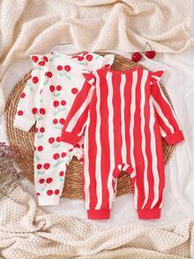 2pcs Cute Cherry Striped Print Beige And Red Long Sleeve Jumpsuit Set, Suitable For Baby Girls, Comfortable Fabric, Suitable For Spring, Autumn And Winter - Multicolor - View 3