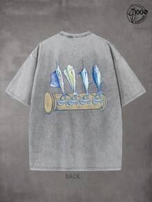 HUK Fishing Shirts For Men,Daily Y2K Style Outfit, Fishing Enthusiast, Streetwear,Fall Clothes,230G Washed High-Quality Cotton Printed T-Shirt; Fishing T-Shirts,Comfortable,Street Retro And Outdoor Sports And Leisure,Graphic Tees Men,Fun T-Shirt, Gifts For Men - 灰色 - 查看 2