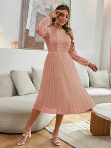 Simplee Gaun Wanita Musim Semi Motif Renda Patchwork Warna Polos Lengan Panjang Berlipit, Gaun Formal Elegan, Gaun untuk Tamu Pernikahan, Gaun Ulang Tahun - Berwarna merah muda - View 2