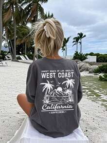 Summer Tops Mother's DayWomen's New Summer Casual Round Neck Short Sleeve T-Shirt, Simple Versatile Palm Tree Slogan Print, Suitable For Daily Wear. Graphic Tee, Women's T-Shirt Top Vacation.Loose And Comfortablesummer Clothes Easter - 深灰色 - 查看 6