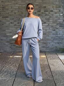 Livesso Women Oblique Shoulder Long Sleeve Sweatshirt & High Waist Drawstring Wide Leg Casual Pants Two Pieces Set, Early Autumn,Fall Women Clothes Lounge Sets For Women - Grey - View 2