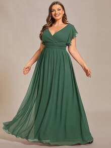 EVERPRETTY V-Neck Solid High Waist Pleated Green Bridesmaid Dress, Suitable For Spring/Summer Weddings, Parties, Graduations - Green - View 5