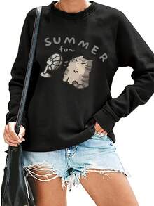 Women's Black Long Sleeve Crewneck Sweatshirt Cute Cat Blowing Fan & SUMMER Text Graphic Pullover Cozy FallWinter Sweater For Everyday Casual Outfits Machine Washable Women's Clothing, Winter Wardrobe, Relaxed Fit, Durable Construction, Stylish Hoodie Alternative, Adults - 黑色 - 查看 1