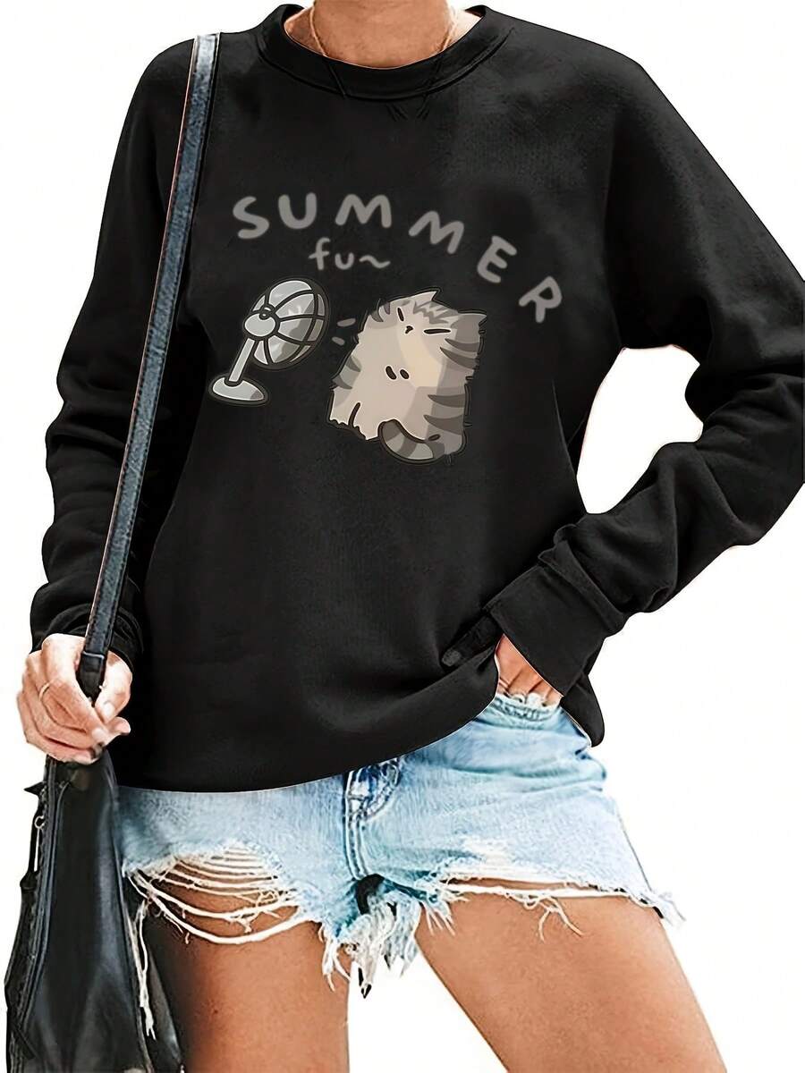 Women's Black Long Sleeve Crewneck Sweatshirt Cute Cat Blowing Fan & SUMMER Text Graphic Pullover Cozy FallWinter Sweater For Everyday Casual Outfits Machine Washable Women's Clothing, Winter Wardrobe, Relaxed Fit, Durable Construction, Stylish Hoodie Alternative, Adults - 黑色 - 查看 1