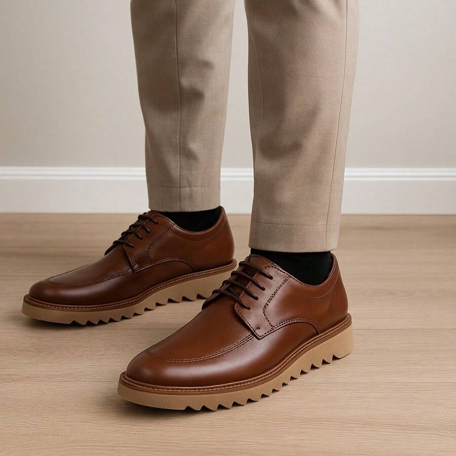 Men's Loafer, Tractor Sole, Platform Moccasin Shoe, Business, Lace-Up, Eyelet, Home - Rỉ Nâu - Xem 1
